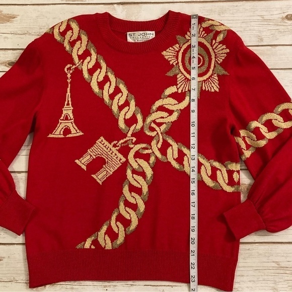St. John Collection Red/Gold Embroidered Paris Chain Santana Knit Sweater Size 2 - Picture 4 of 12